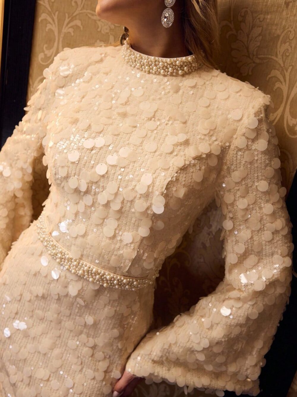 Apricot Elegant Women's Mock Neck Luxury Mermaid Formal Dress with Pearl Details - Picture 6 of 6